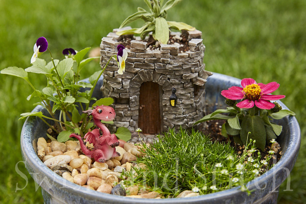 fairy garden with red dragon and castle