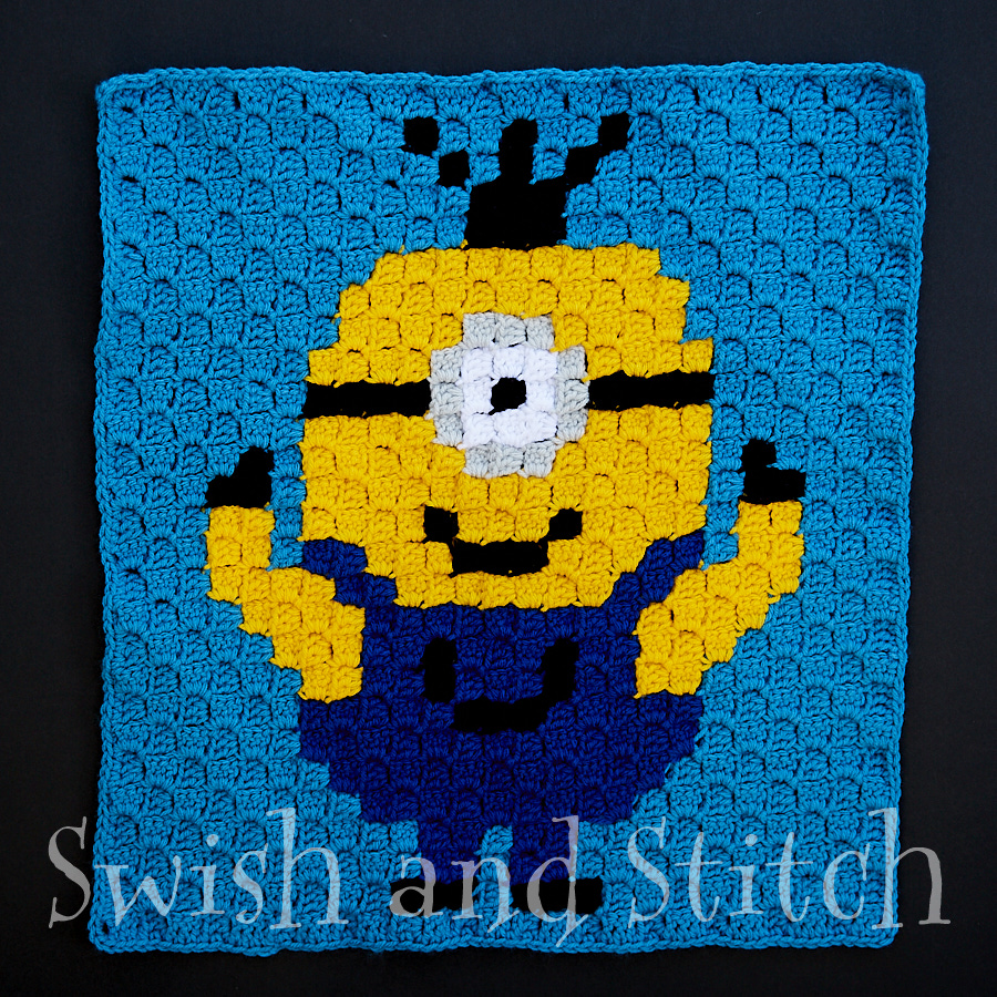 C2C Crochet Disco Minions on Blue Square