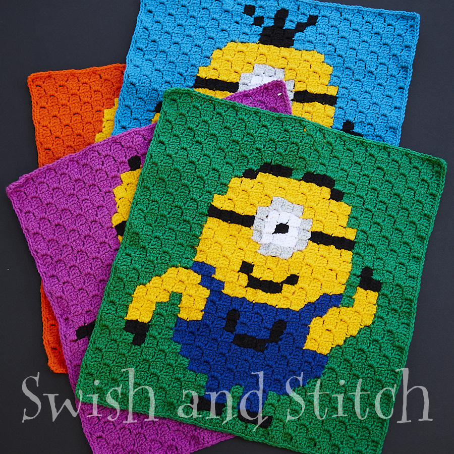 Disco Minions c2c crochet blocks ready to be sewn together