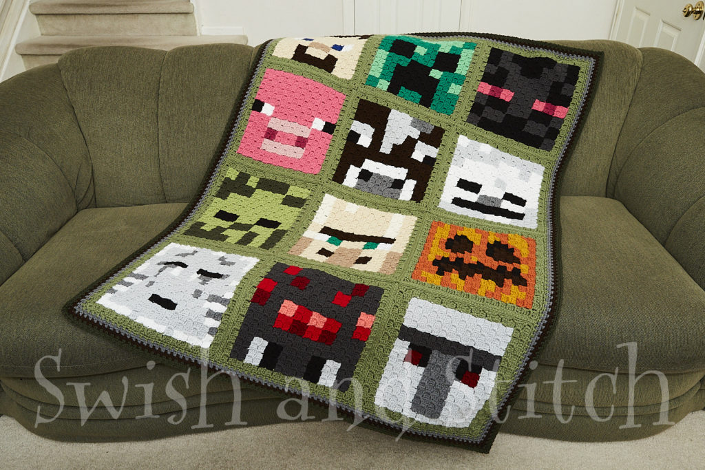 completed Minecraft c2c crochet afghan