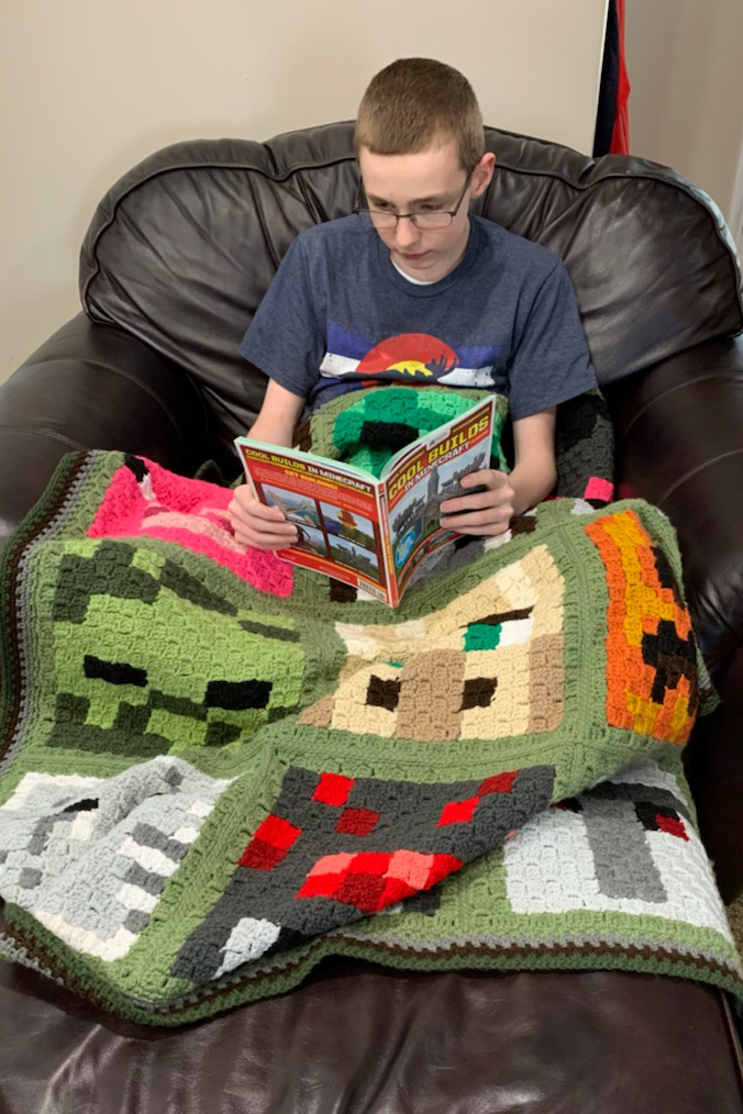 Minecraft c2c crochet afghan in use