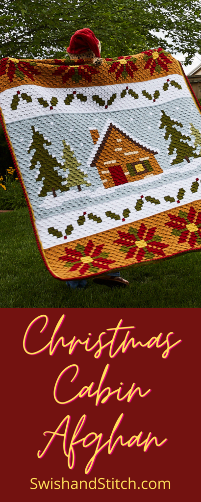christmas cabin c2c crochet afghan Pinterest image
