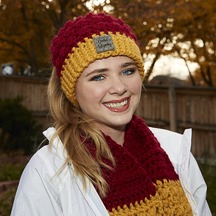 Hermione Hand Crocheted Ponytail Messy Bun Women's Winter Hat in Hogwarts Wizard House Colors