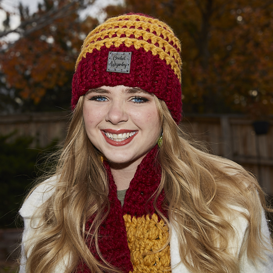 Lily hand crocheted beehive style women's winter hat in Hogwarts wizard house colors