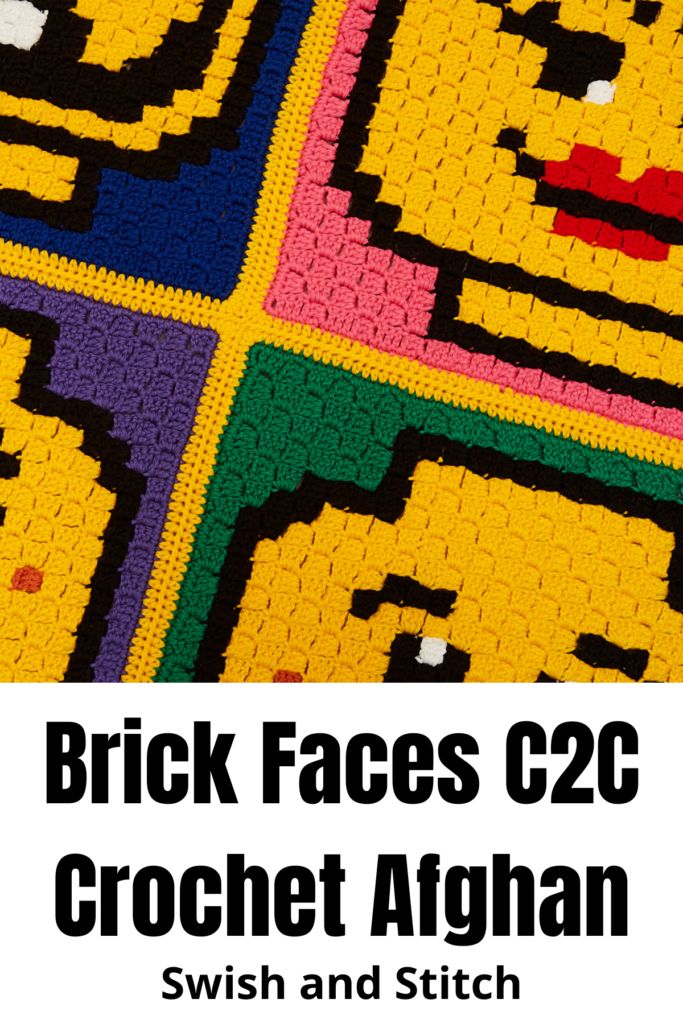 lego brick minifigure emoji faces c2c crochet baby afghan - Pinterest image