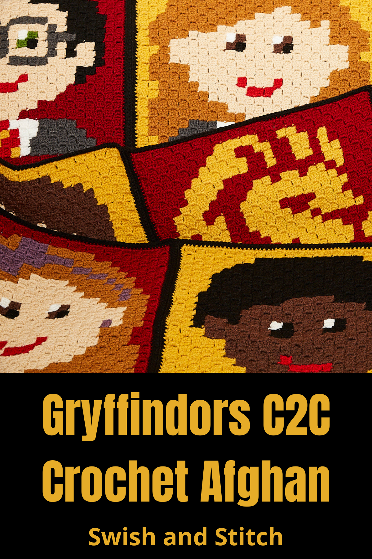 Harry Potter Gryffindors C2C Crochet Afghan - Pinterest Image