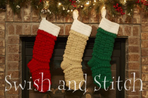 Telluride Crochet Christmas Stockings by fireplace