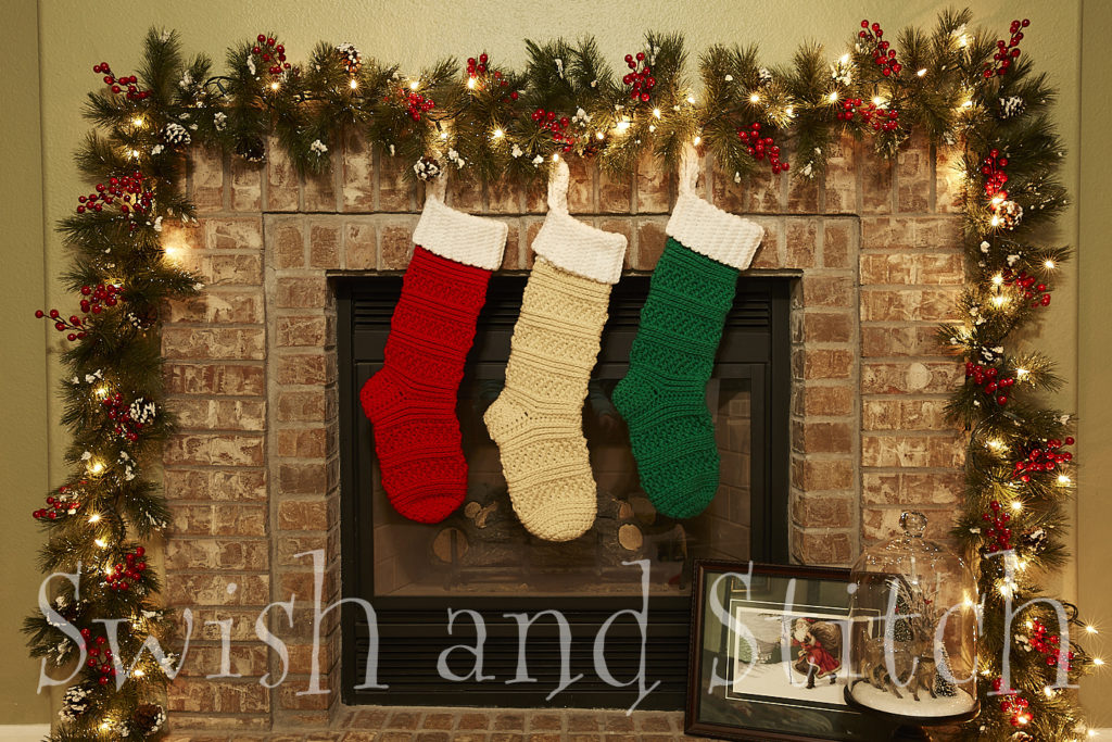 aspen crochet christmas stocking at fireplace