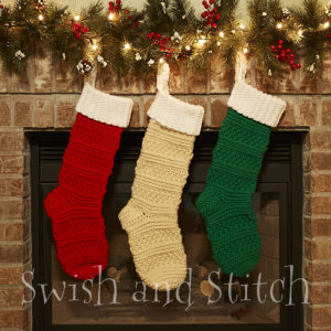 Aspen Crochet Christmas stockings by fireplace