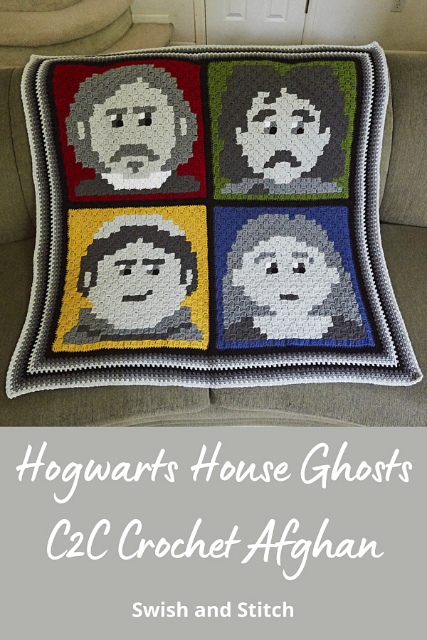 Hogwarts house ghosts C2C crochet afghan Pinterest image