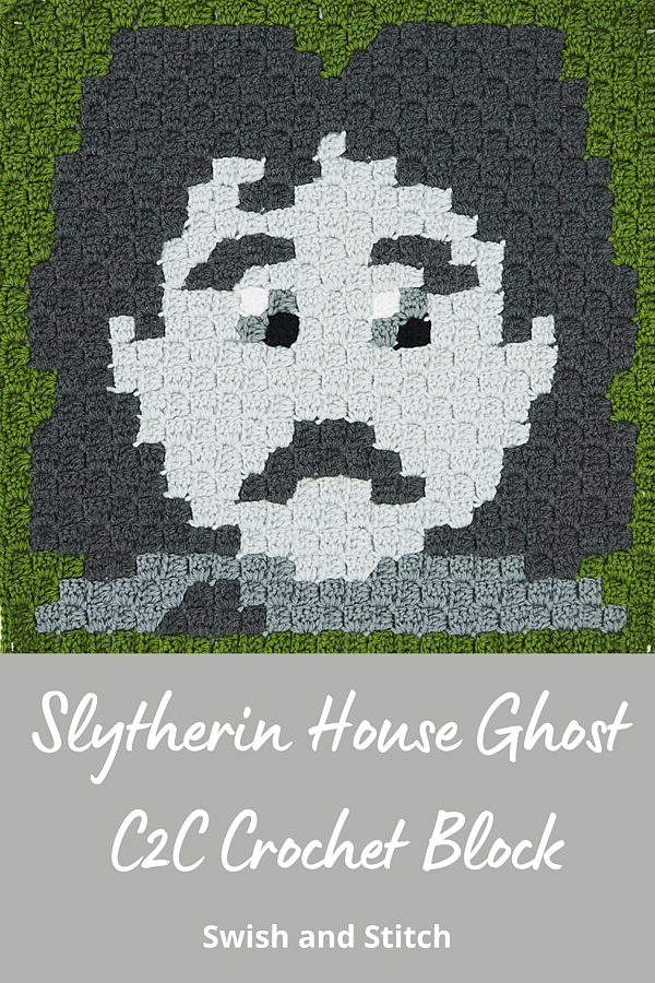 Hogwarts house ghosts C2C crochet afghan Pinterest image - Slytherin