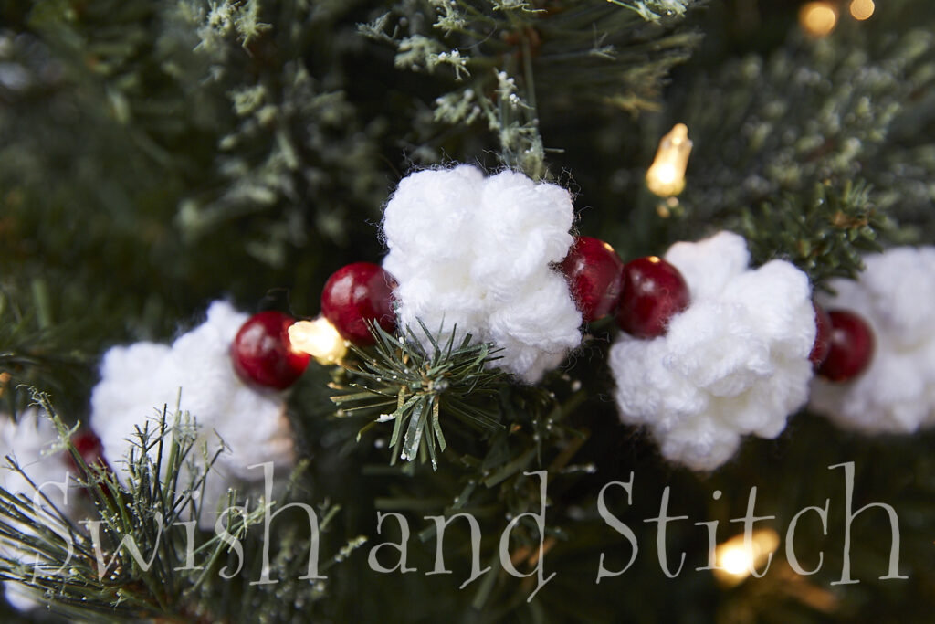 Crochet Popcorn and Cranberry Garland on Christmas Tree