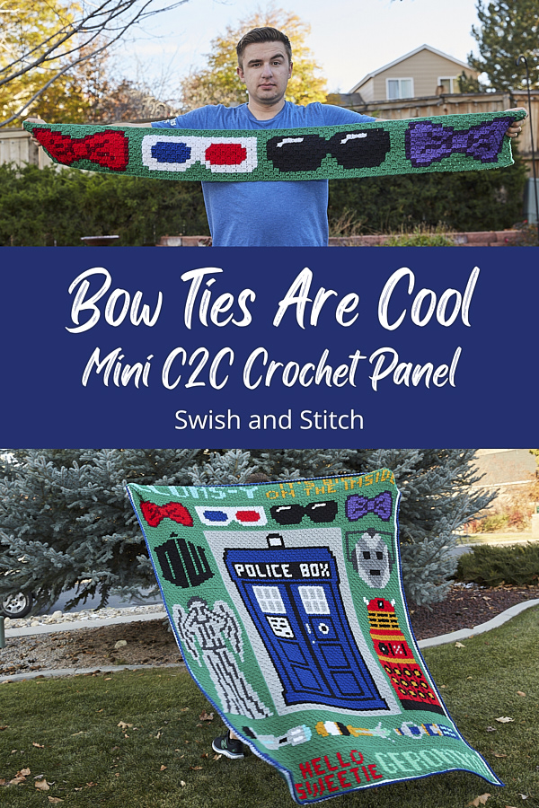 Doctor Who mini C2C Crochet blanket Pinterest image Bow Ties Sonic Screwdrivers