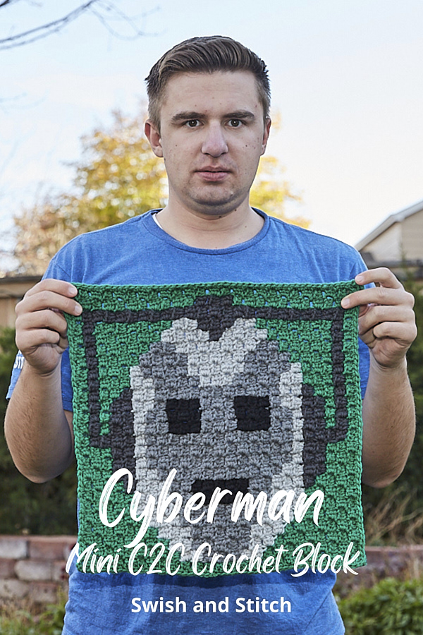 Doctor Who mini C2C Crochet blanket Pinterest image Cyberman