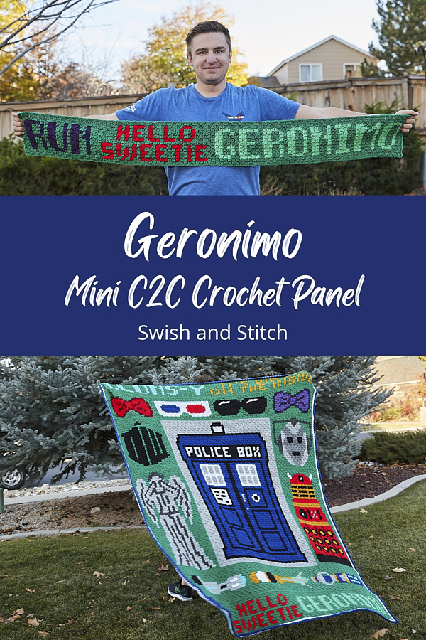 Doctor Who mini C2C Crochet blanket Pinterest image Geronimo