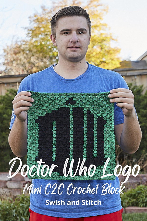 Doctor Who mini C2C Crochet blanket Pinterest image Logo