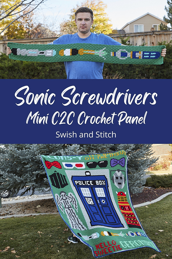 Doctor Who mini C2C Crochet blanket Pinterest image Sonic Screwdrivers