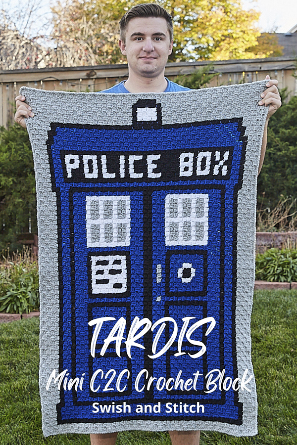 Doctor Who mini C2C Crochet blanket Pinterest image Tardis