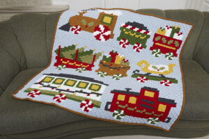 Christmas Train C2C crochet afghan throw blanket on couch
