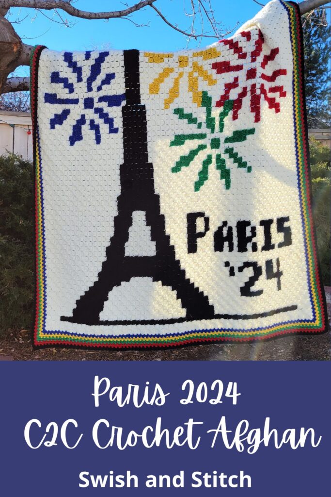 Paris 24 Olympics year c2c crochet afghan with Eiffel Tower Pinterest image