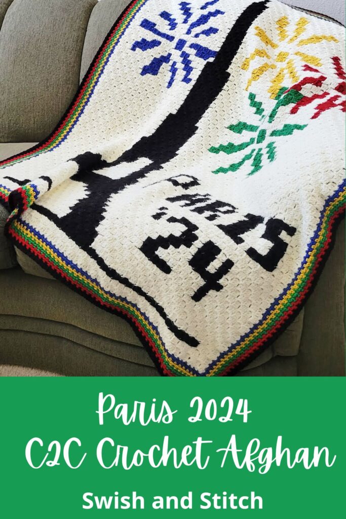 Paris 24 Olympics year c2c crochet afghan with Eiffel Tower Pinterest image