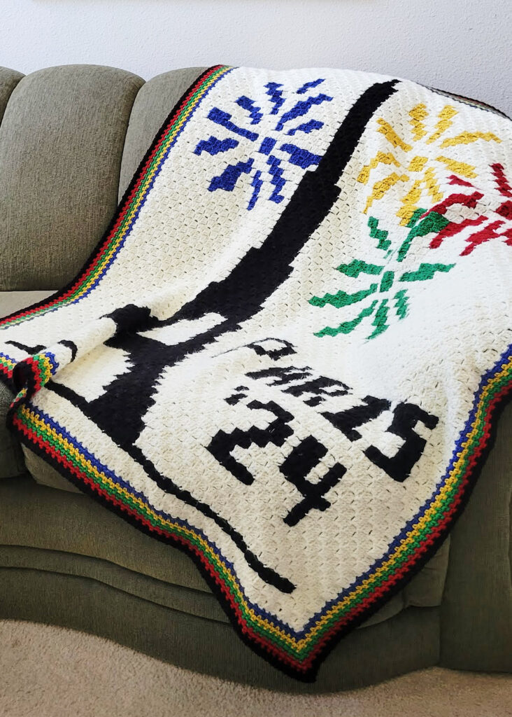 Paris 24 Olympics year c2c crochet afghan on couch