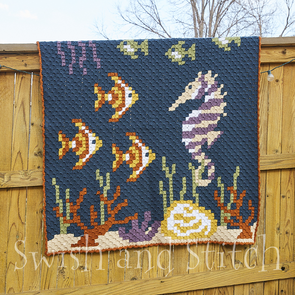 Coral Reef C2C Crochet Afghan - on fence