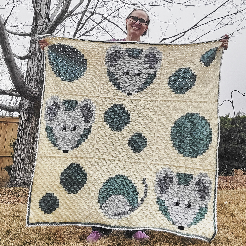 Mouse faces and tail blanket held by designer