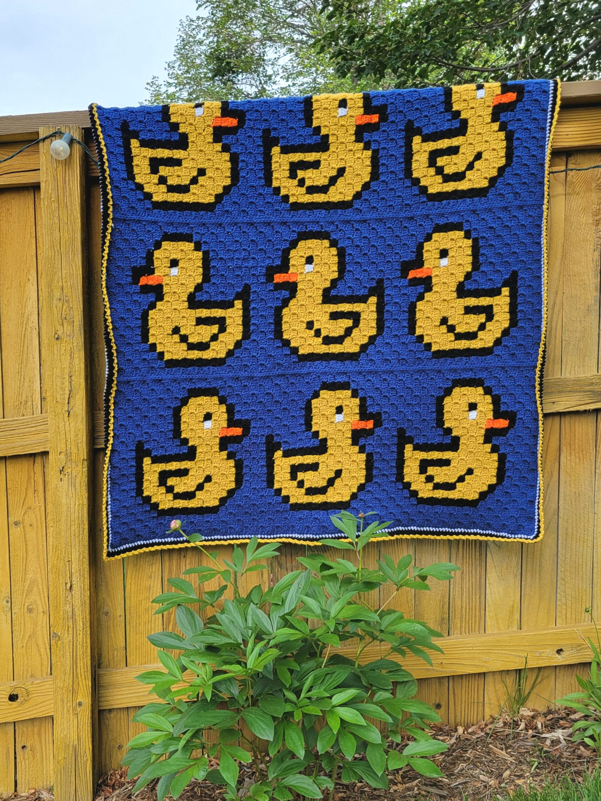 Ducks in a Row C2C Crochet Afghan - hanging on fence